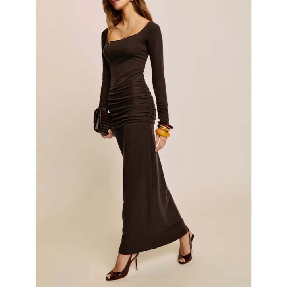 Reformation Abbott Knit Maxi Dress Brown Long Sleeve Ruched Size Medium